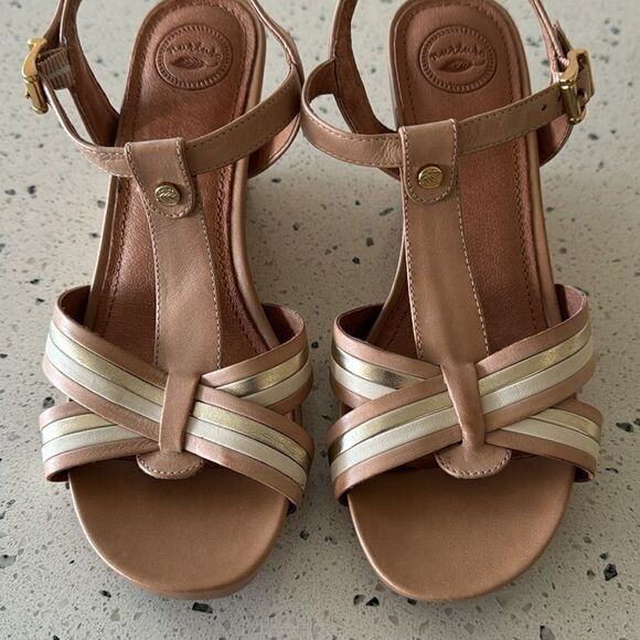 Nurture Women’s T-Strap Beige/Gold Leather Comfort Wedge Heeled Sandals Size 8.5 - Picture 12 of 12